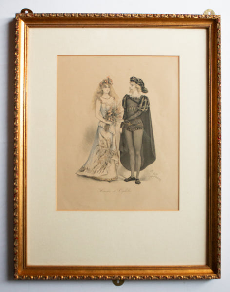 Antique Hand Coloured Etching in Gilt Frame 'Hamlet et Ophelie'