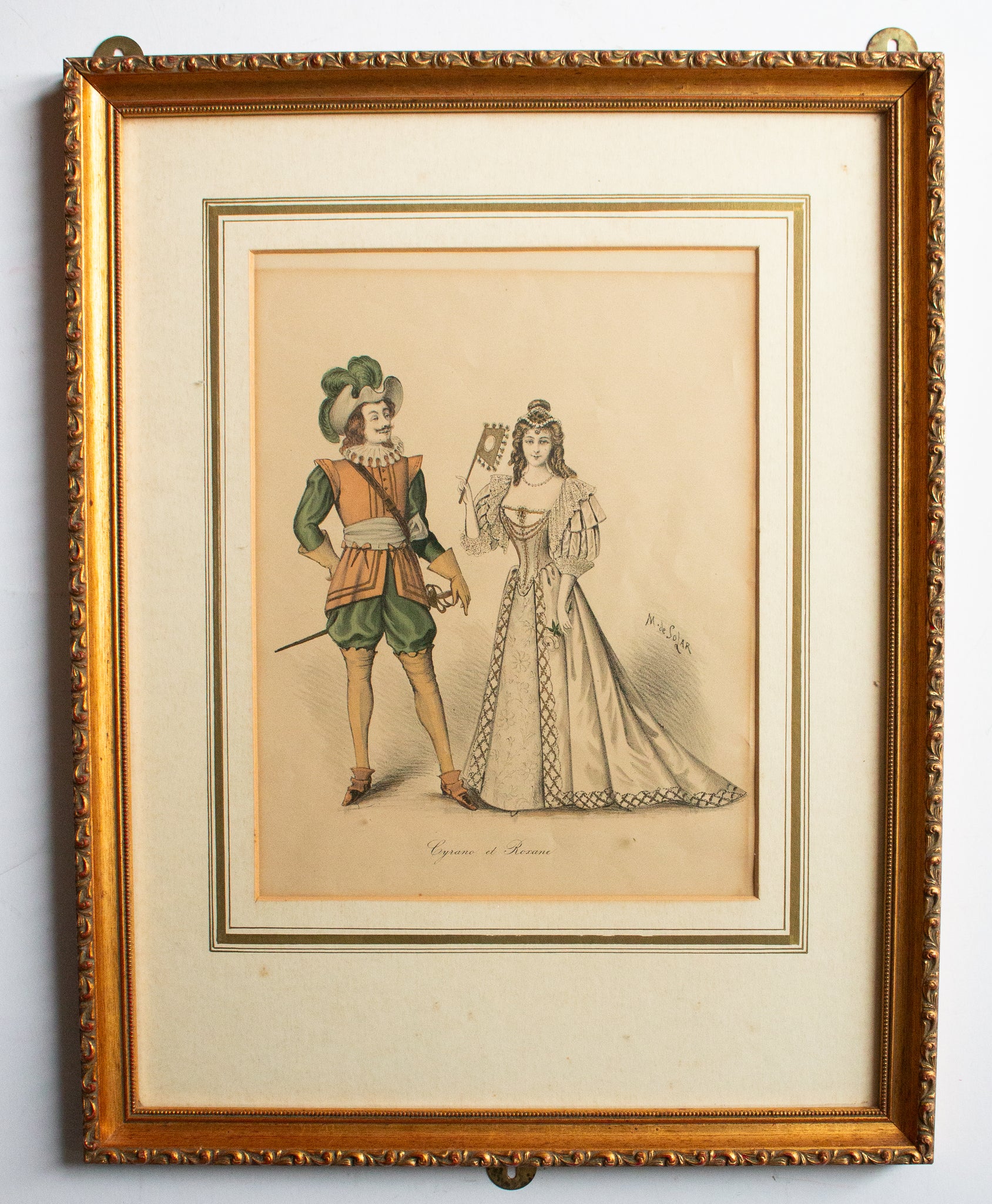 Antique Hand Coloured Etching in Gilt Frame 'Cyrano et Roxane'