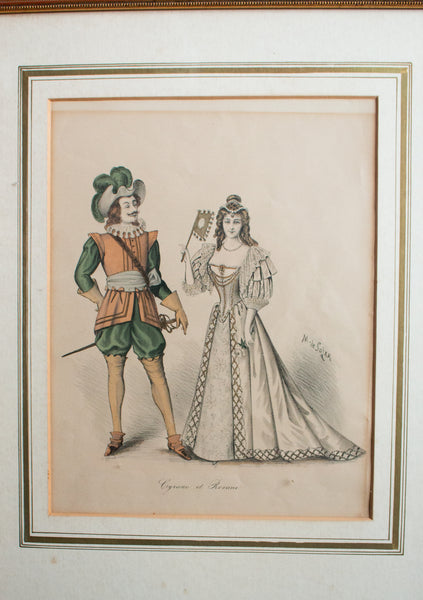 Antique Hand Coloured Etching in Gilt Frame 'Cyrano et Roxane'