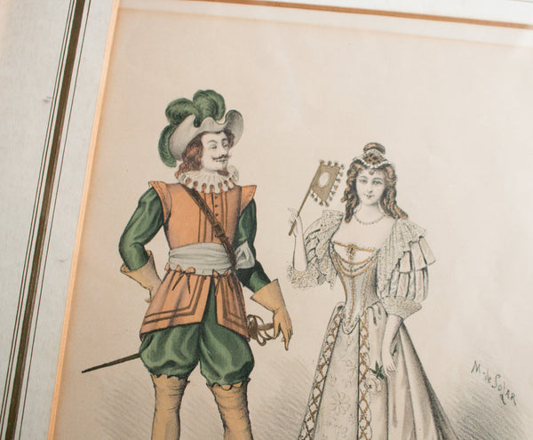 Antique Hand Coloured Etching in Gilt Frame 'Cyrano et Roxane'