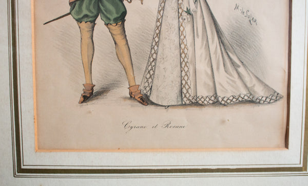 Antique Hand Coloured Etching in Gilt Frame 'Cyrano et Roxane'