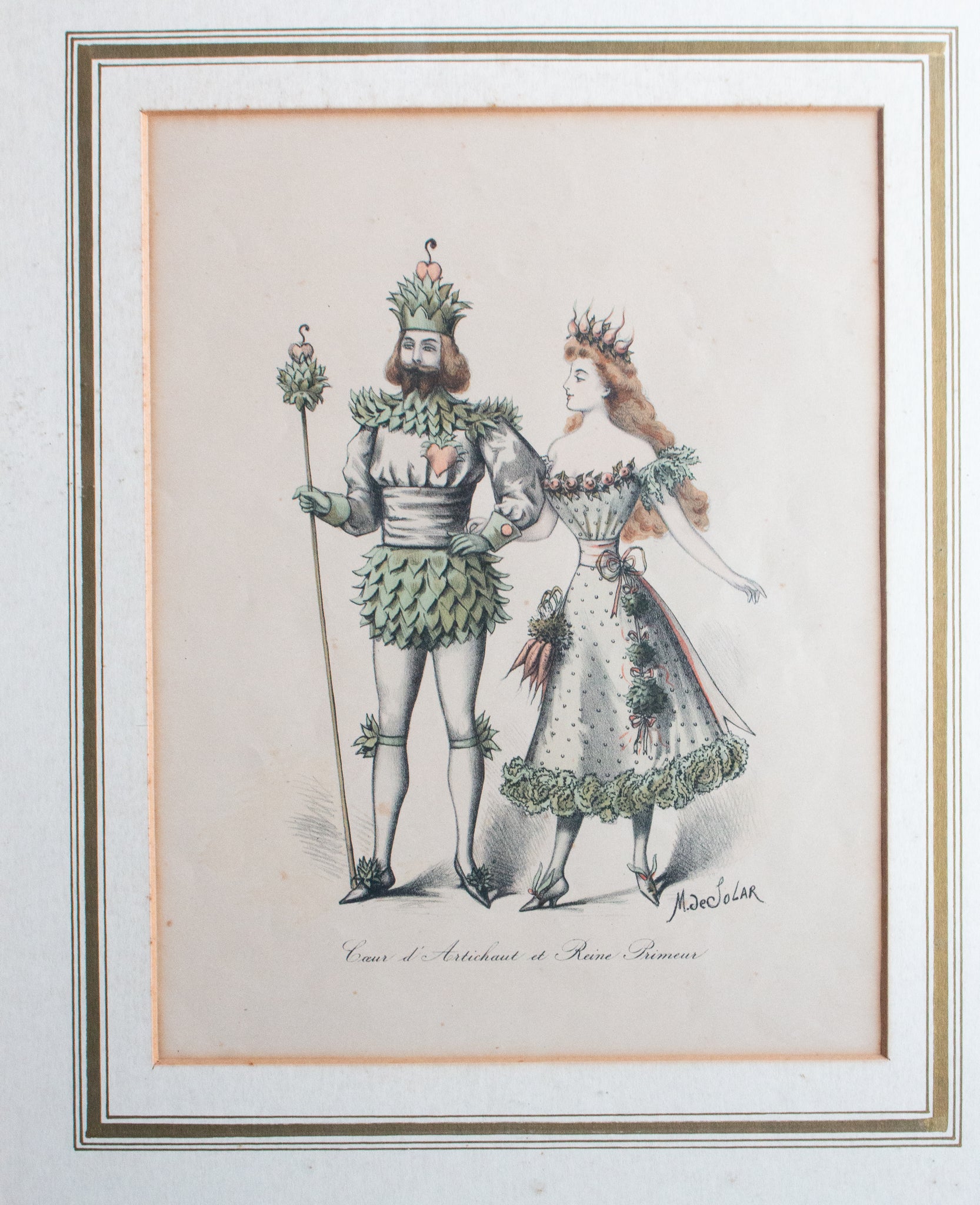 Antique Hand Coloured Etching in Gilt Frame 'Coeur d artichaut et Reine Primeur'