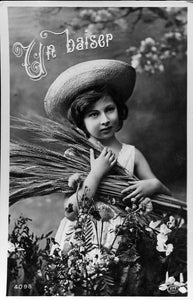 Vintage Real Photograph French Postcard of Little Girl with Flowers 'Un baiser'