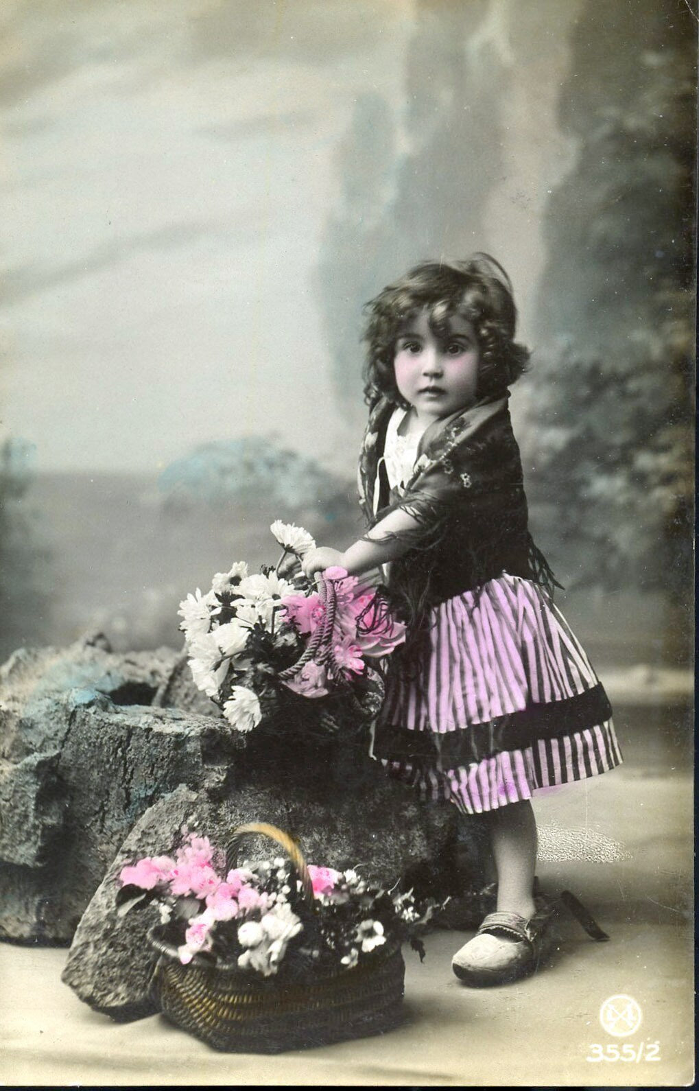 Antique Real Photograph Postcard of Little Girl and Flowers