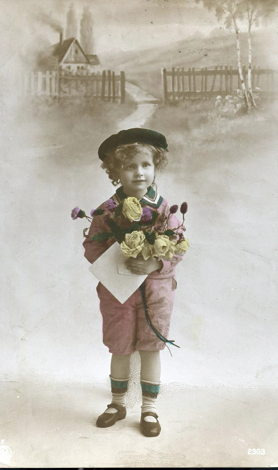 Real Photograph Postcard Little Boy with Flowers and Letter