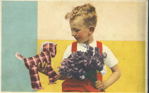 Vintage Colour Postcard of Little Boy with Stuffed Toy Animal