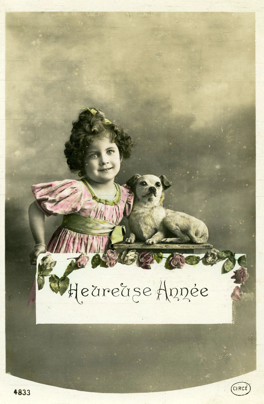 Vintage Real Photograph French Postcard Little Girl with Dog 'Heureuse Annee'