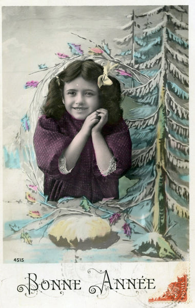 Vintage Real Photograph French Christmas New Year Greetings Postcard Little Girl 'Bonne Annee'