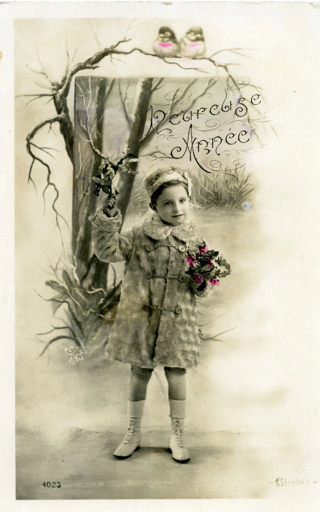 Vintage French Christmas New Year Greetings Real Photograph Postcard 'Heureuse Annee'