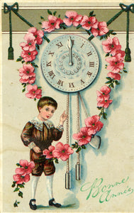 Vintage French Christmas New Year Greetings Postcard Little Boy and Clock 'Bonne Annee'