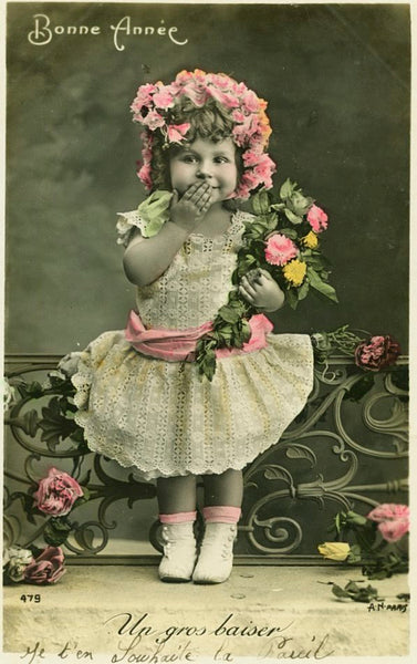 Vintage French Christmas New Year Greetings Real Photograph Postcard Little Girl 'Bonne Annee'