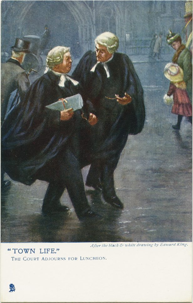 Tuck's 'Oilette' Postcard 'Town Life' Series 'The Court Adjourns for Luncheon'