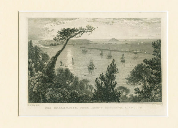 Antique Engraving on Paper 'The Breakwater, Mount Edgcumbe, Plymouth' c.1830