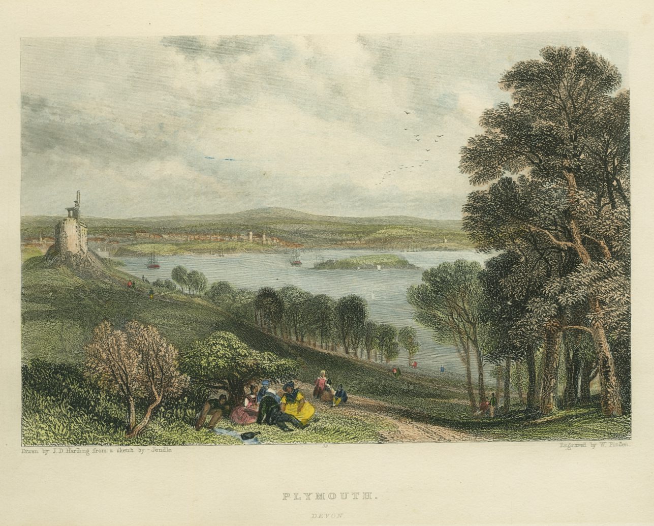 Antique Hand Coloured Engraving on Paper 'Plymouth' c.1840