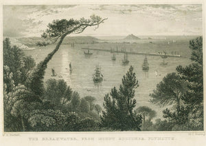 Antique Engraving on Paper 'The Breakwater, Mount Edgcumbe, Plymouth' c.1830