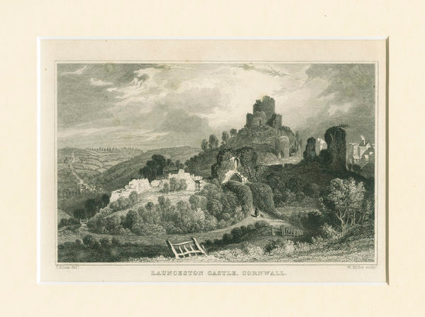 Antique Engraving on Paper 'Launceston Castle, Cornwall' c.1830