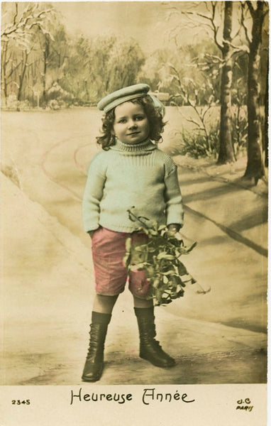 Vintage French Christmas New Year Greetings Real Photograph Postcard Little Boy 'Heureuse Annee