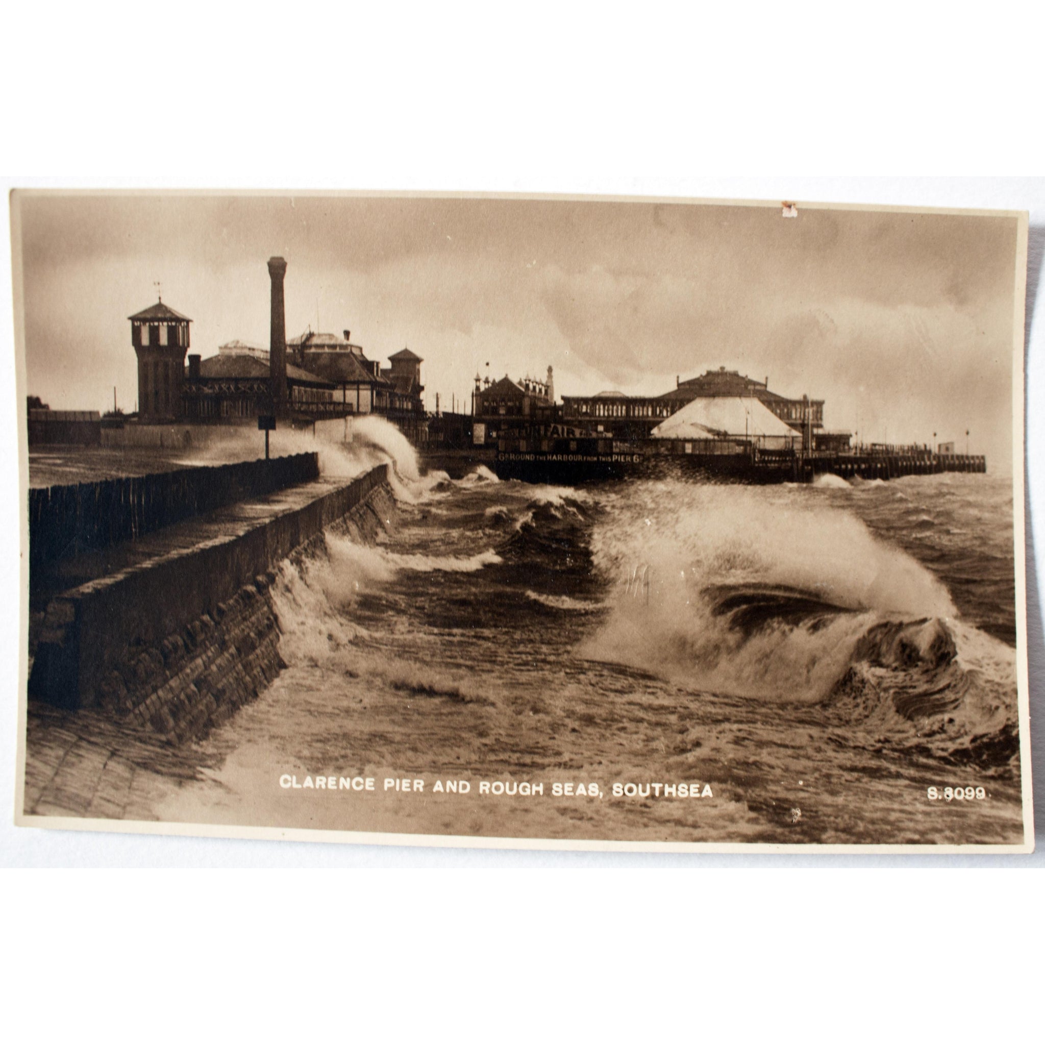 Carbon Bromide Real Photo Series Postcard 'Clarence Pier and Rough Seas, Southsea'