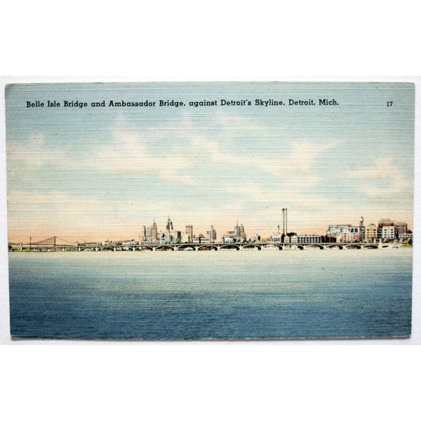 Tichnor Bros. Linen Postcard 'Belle Isle Bridge and Ambassador Bridge, Detroit'