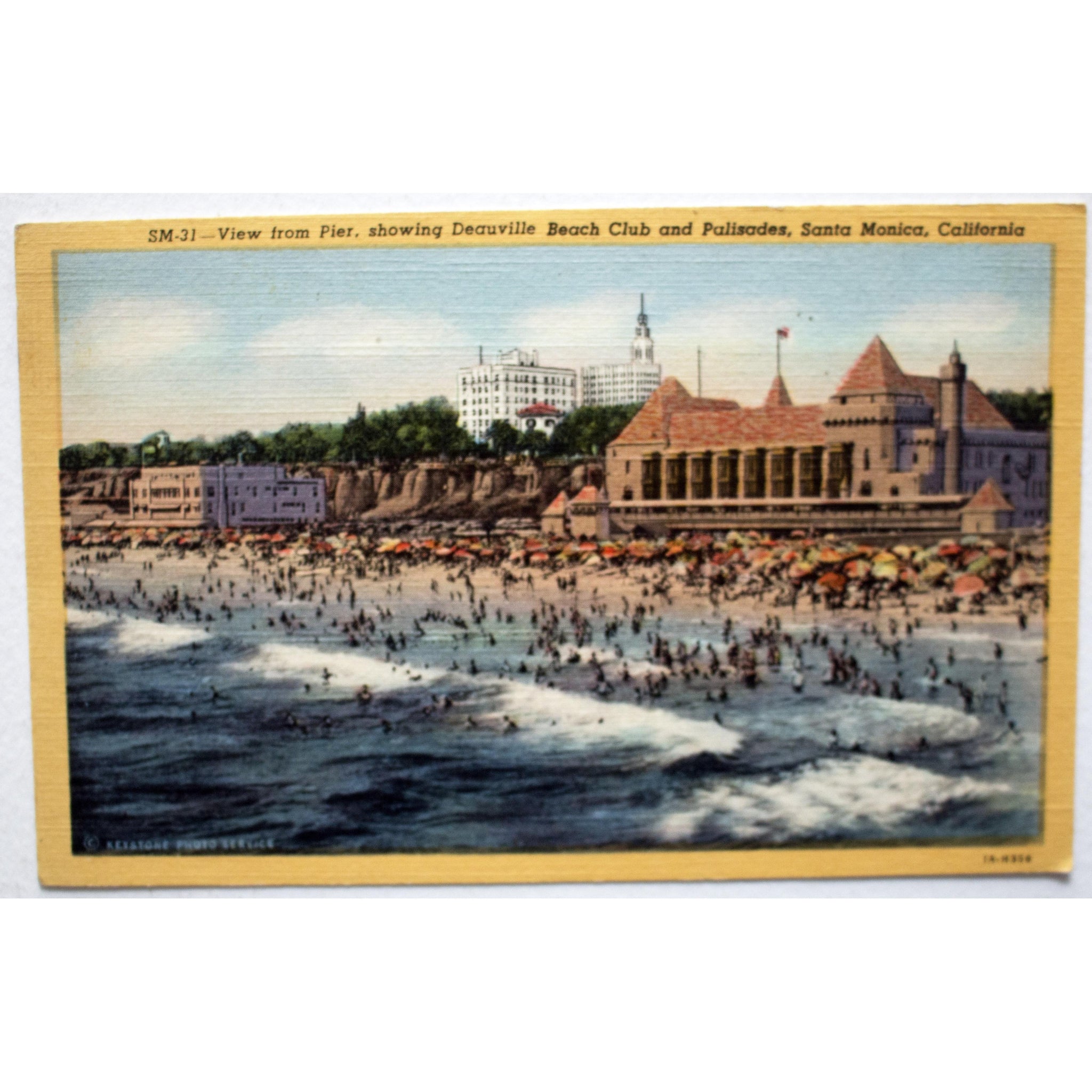 C.T. Art-Colortone' American Linen Postcard 'View from Pier, showing Deauville Beach Club and Palisades, Santa Monica, California'