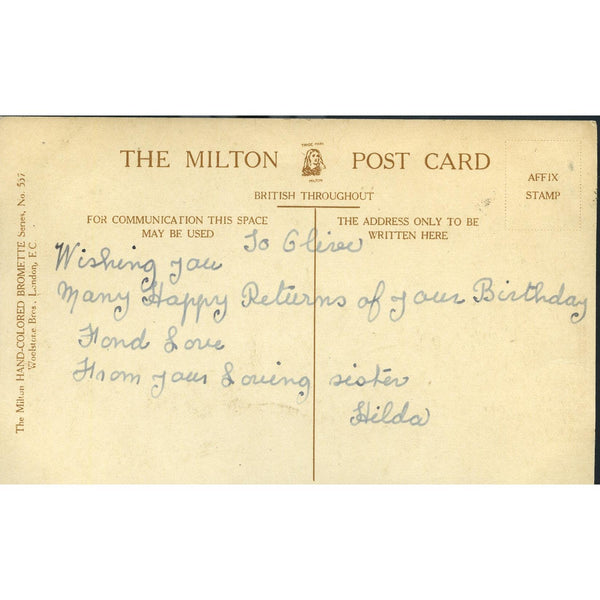 Milton 'Hand-Colored Bromette' Postcard 'Heartiest Wishes for a very happy Birthday'