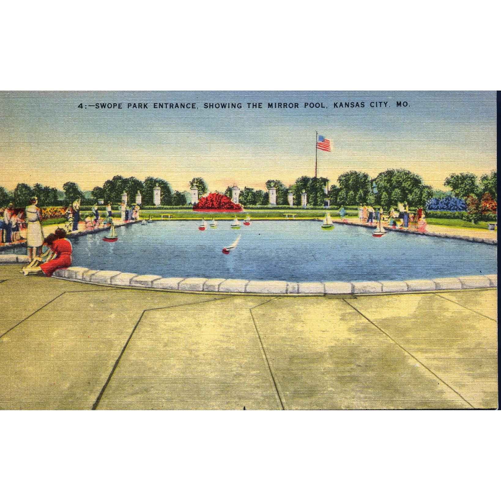 R. B. Harness Greeting Card Co.' Postcard Swope Park entrance showing the Mirror Pool, Kansas City, MO