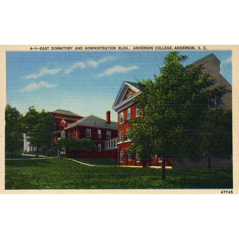 Ashville Postcard Co. Linen Postcard 'East Dormitory Bldg., Anderson College, Anderson, S.C.'