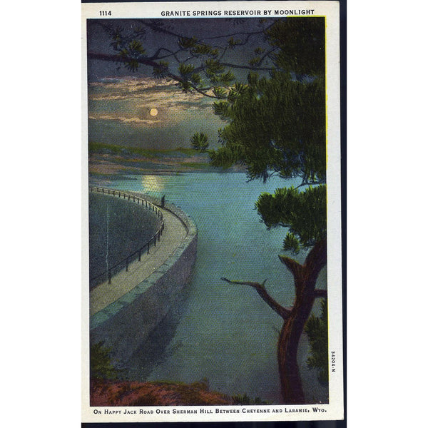 Sanborn Souvenir Co. Linen Postcard 'Granite Springs Reservoir by Moonlight'