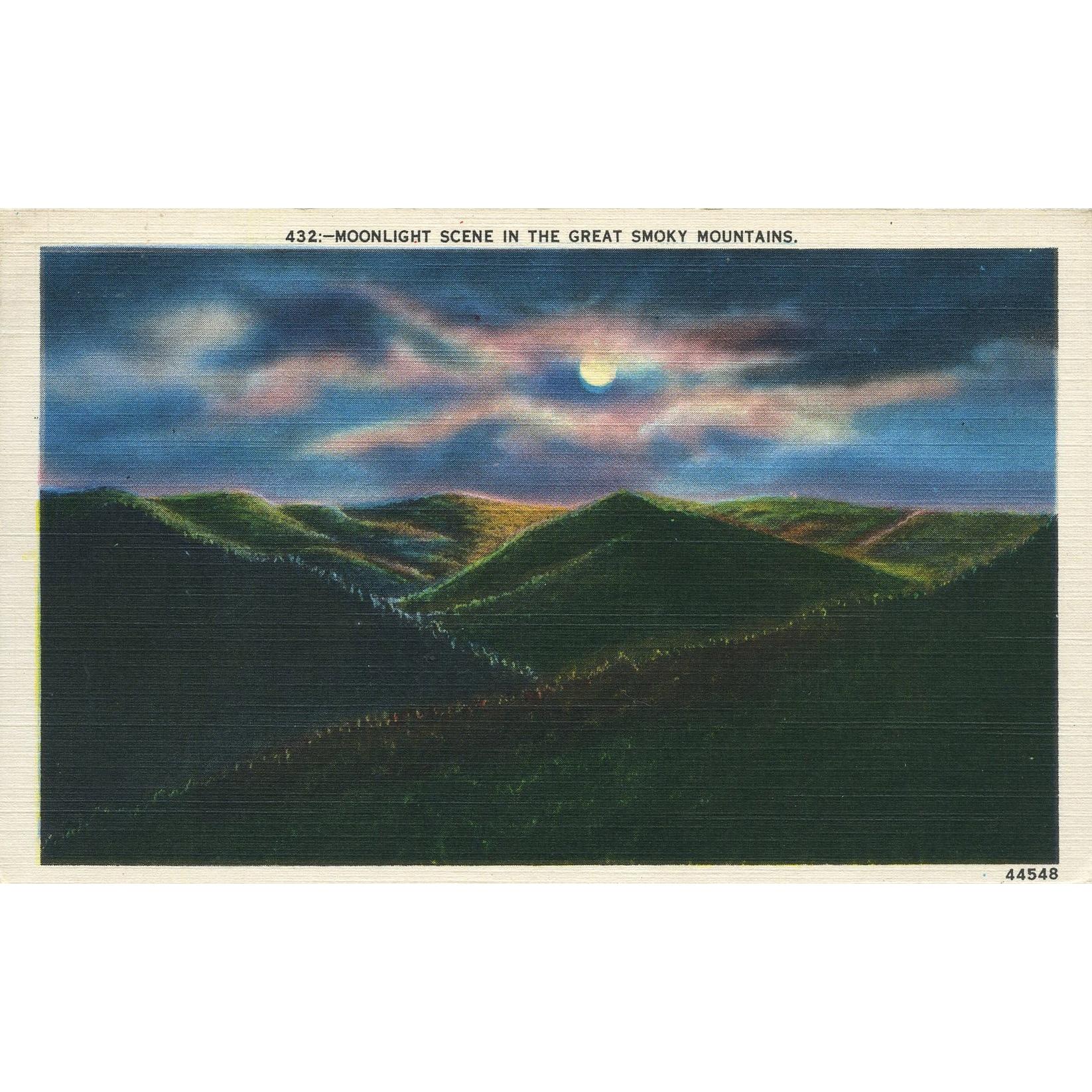 Asheville Post Card Co. Linen Postcard 'Moonlight Scene in the Great Smoky Mountains'