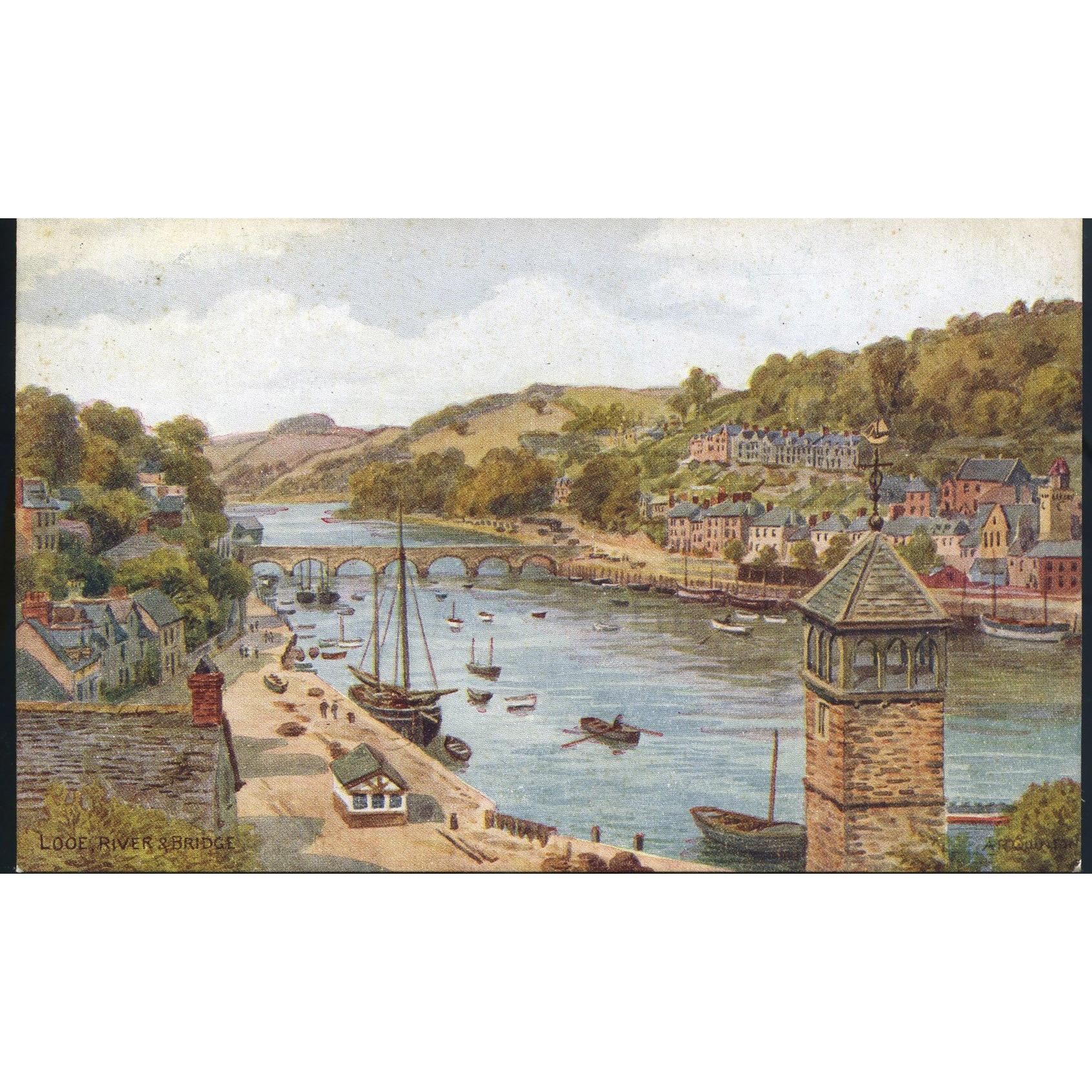 Salmon Series A. R. Quinton Postcard 'Looe, River & Bridge'