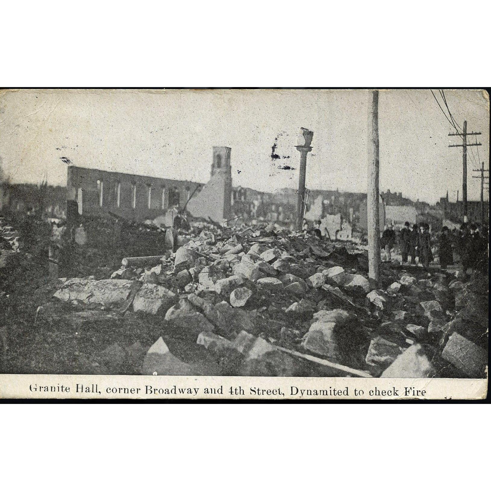 Postcard 'Granite Hall, corner Broadway and 4th Street, Dynamite to check fire'