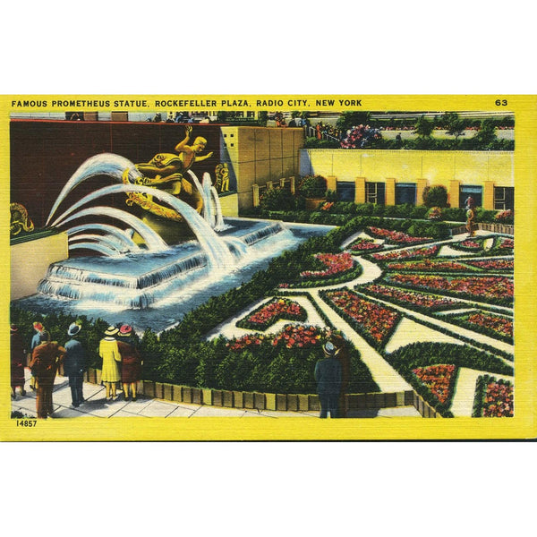 Herbco Card Co. 'Colourpicture' Linen Postcard 'Famous Prometheus Statue, Rockefeller Plaza, Radio City, New York'