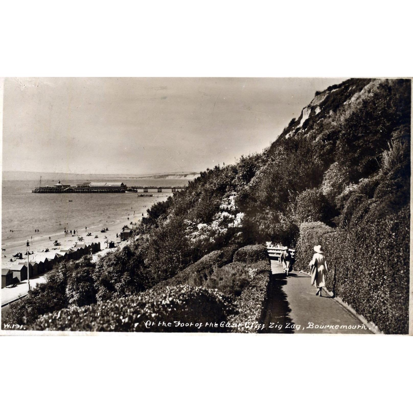 Wade's 'Sunny South' Series Real Photograph Postcard 'At the Foot of the East Cliff, Zig Zag, Bournemouth'