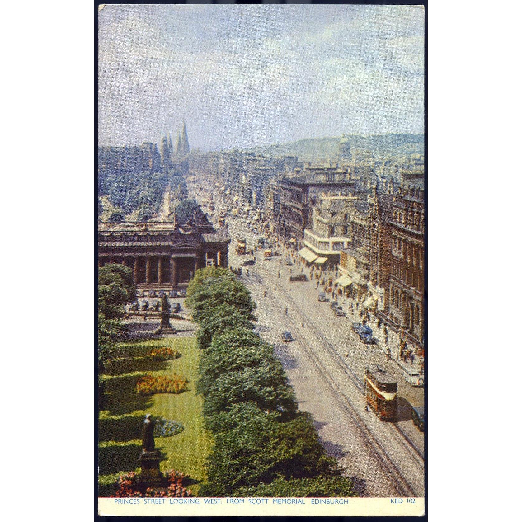 Jarrold & Sons 'Cotman Color' Postcard 'Princes Street looking West from Scott Memorial, Edinburgh'