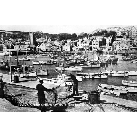 Valentine's Real Photograph Postcard 'Laying Out the Nets to Dry beside the Harbour, St. Ives'