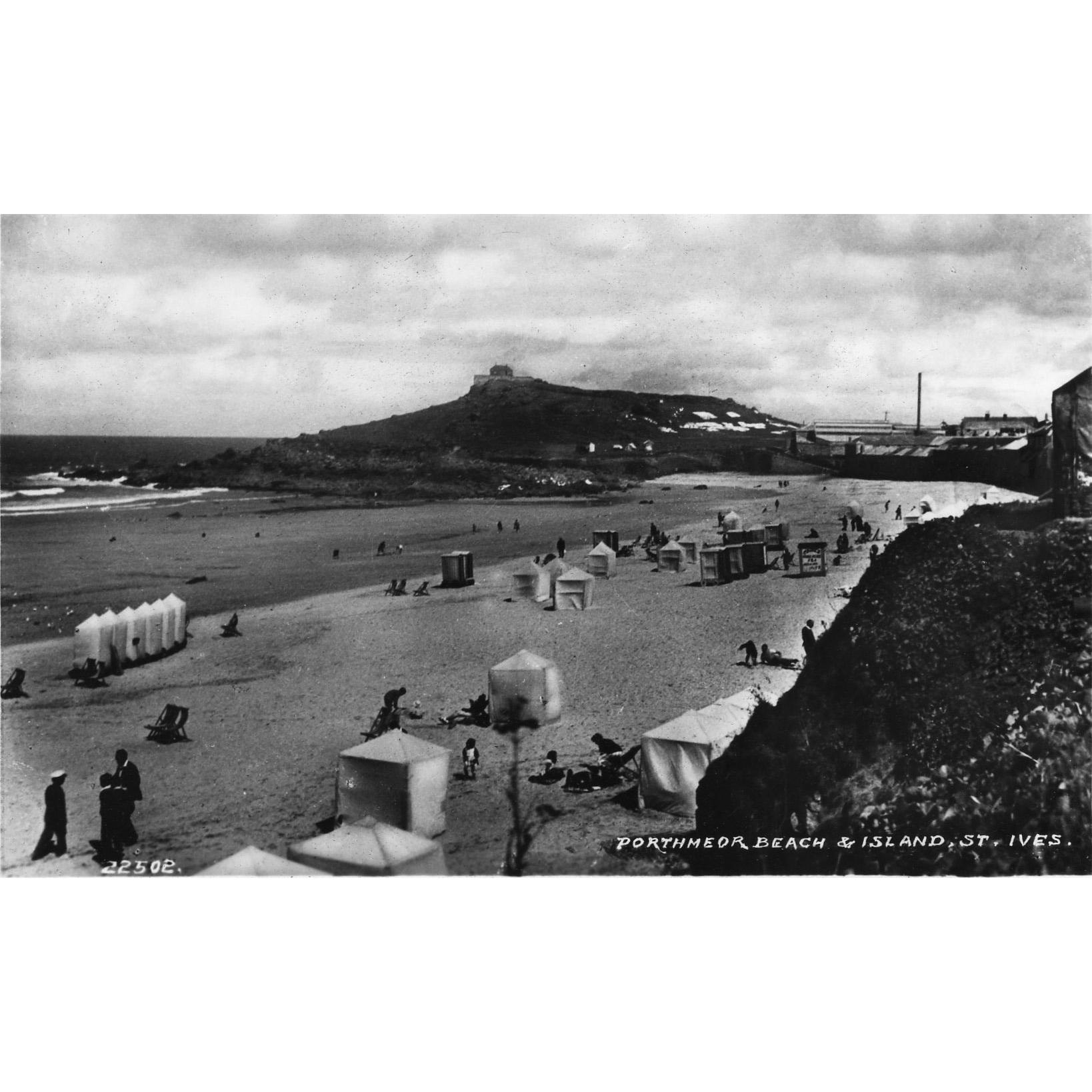 Real Photograph Postcard 'Porthmeor Beach & Island, St. Ives'