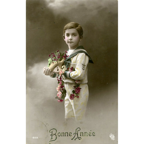 Real Photograph French Bonne Annee New Year Christmas Greetings Postcard Little Boy