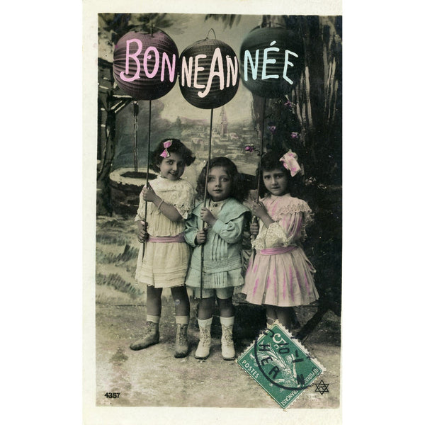 Real Photograph French Bonne Annee New Year Christmas Greetings Postcard Three Children