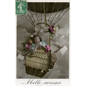 Real Photograph French 'Mille caresses' Greetings Postcard Little Girl in Hot Air Balloon