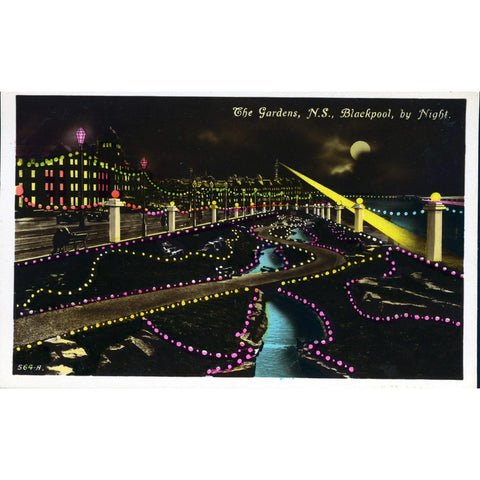 Real Photograph Postcard 'The Gardens, N.S., Blackpool, by Night'