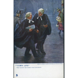 Tuck's 'Oilette' Town Life Series postcard 'The court adjourns for luncheon'