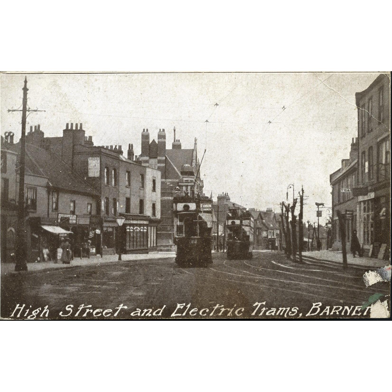 'Boyce, The Dolls' House, Barnet' Postcard 'High Street and Electric Trams, Barnet'