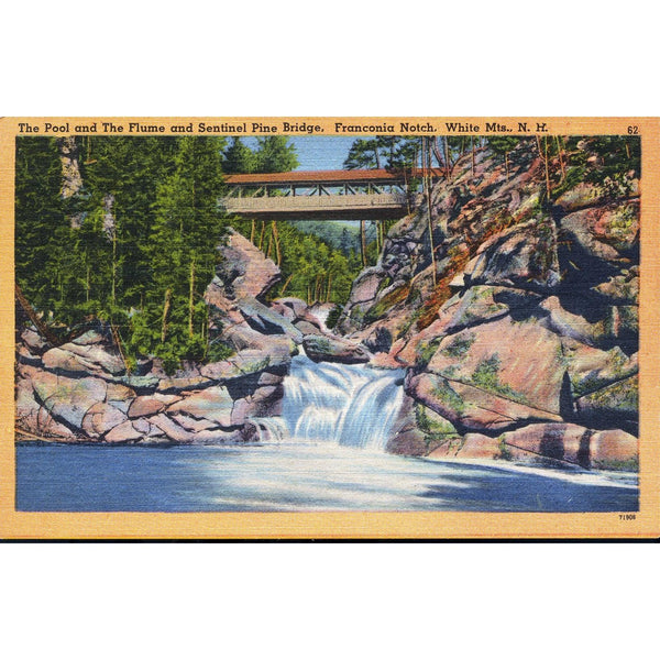 Tichnor Quality Views' Linen Postcard 'The Pool and The Flume and Sentinel Pine Bridge, N. H