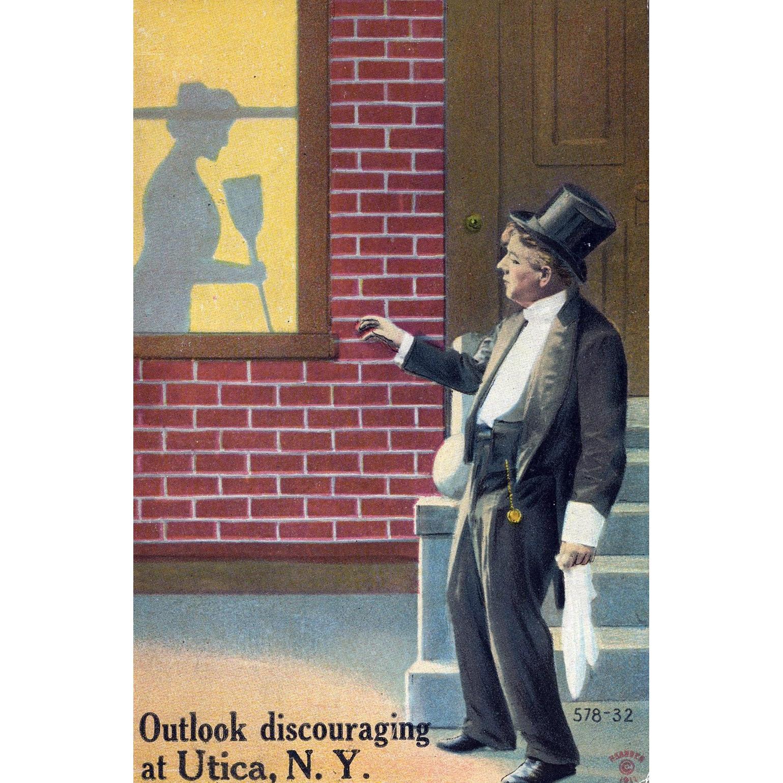 Temperance Themed Postcard 'Outlook discouraging at Utica, N. Y.'