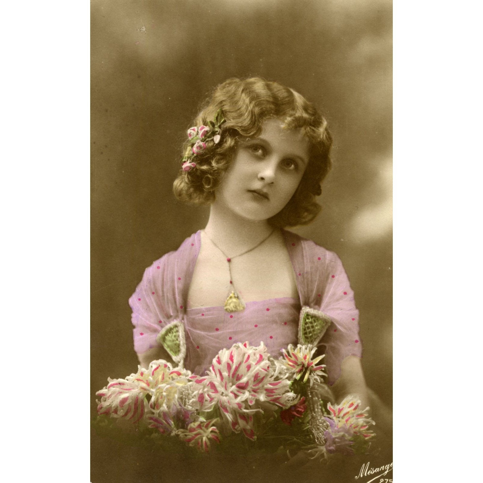 Vintage Real Photograph Postcard Little Girl and Flowers