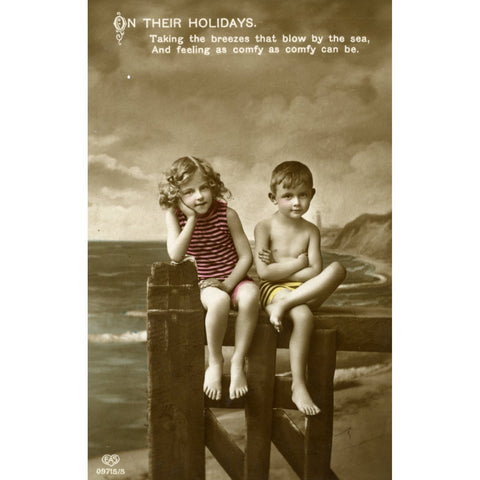 Vintage E. A. Schwerdtfeger & Co., London Real Photograph Postcard Little Boy and Girl 'On their Holidays'