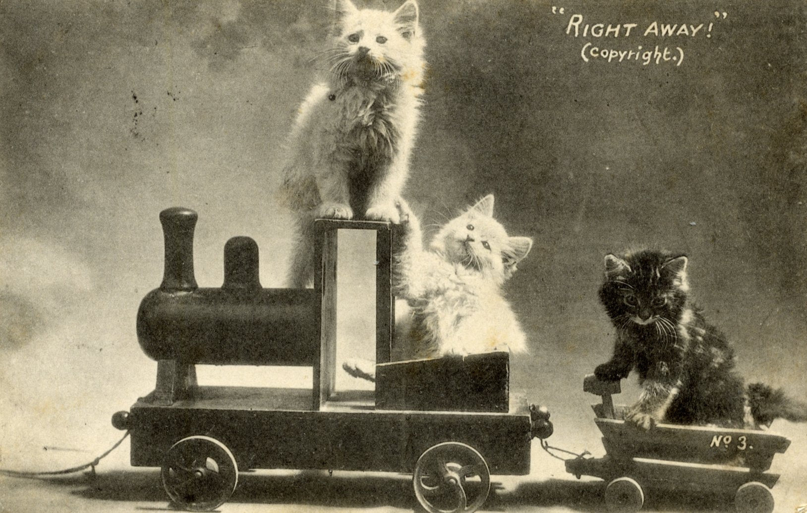 Vintage M. & A. Austin, St. Albans Postcard Kittens in Toy Train 'Right Away!'