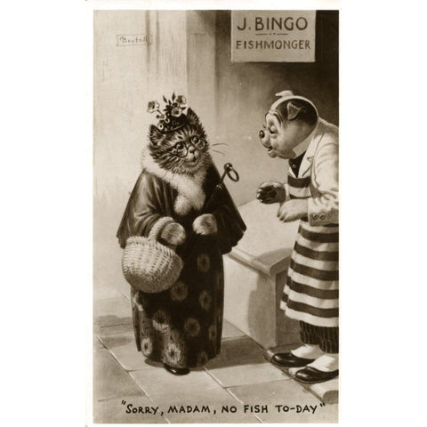 R. A. (Postcards) Ltd., London Vintage Real Photograph Cat Anthropomorphic Postcard 'Sorry Madam No Fish Today'