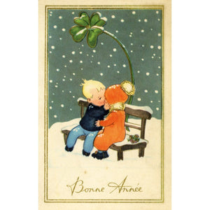 Vintage French Bonne Annee New Year Christmas Greetings Postcard Little Girl and Boy