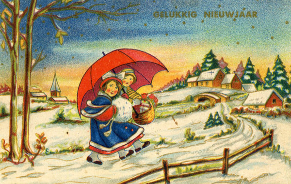 Vintage Dutch New Year Christmas Postcard 'Gelukkig Nieuwjaar'